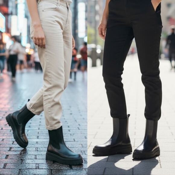 Good American Black Faux Leather Chelsea Lug Sole Pull On Combat Boots 11 NEW - Picture 2 of 10